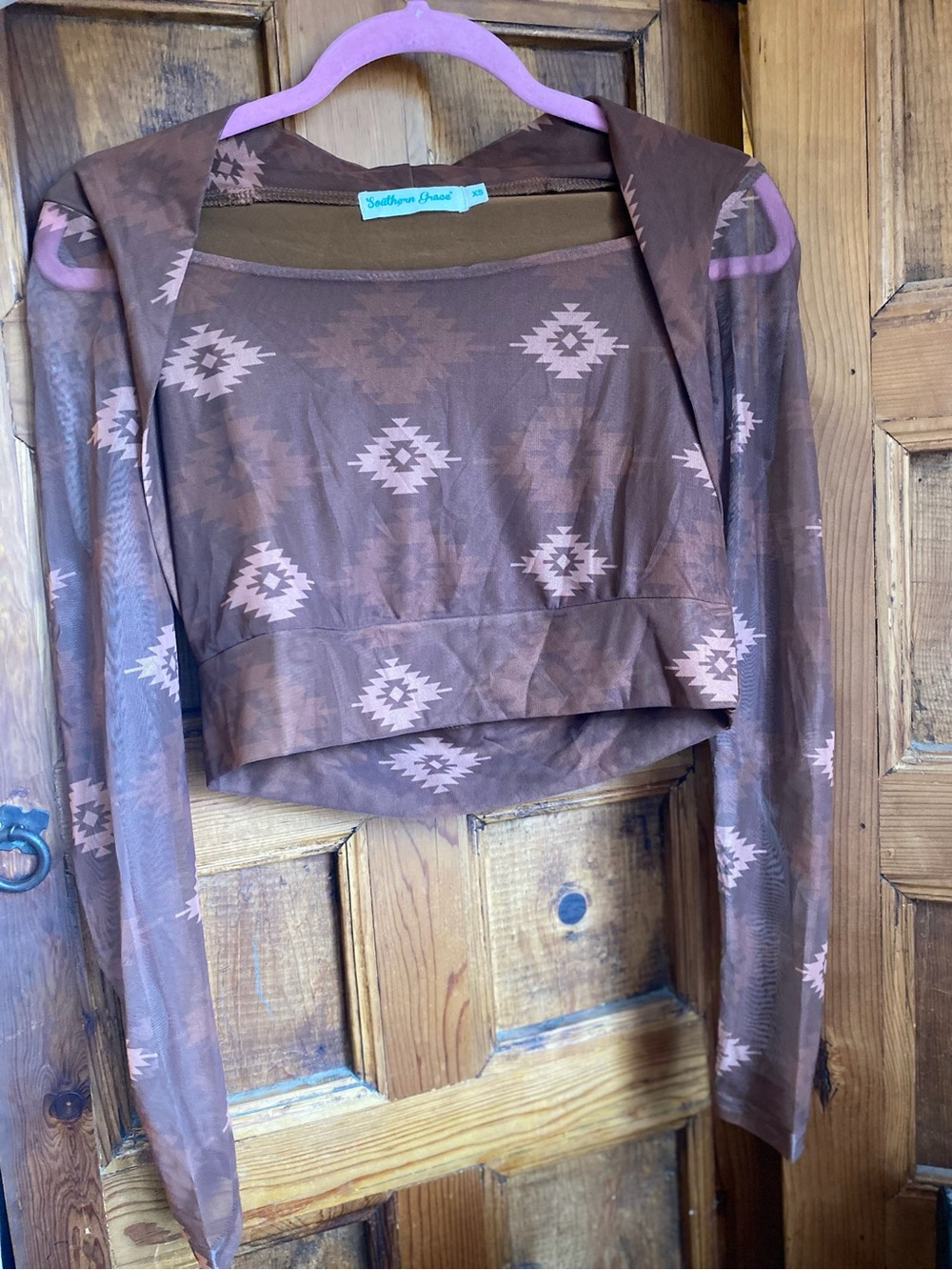 Southern Grace Brown Aztec-Print Long Sleeve Crop Top